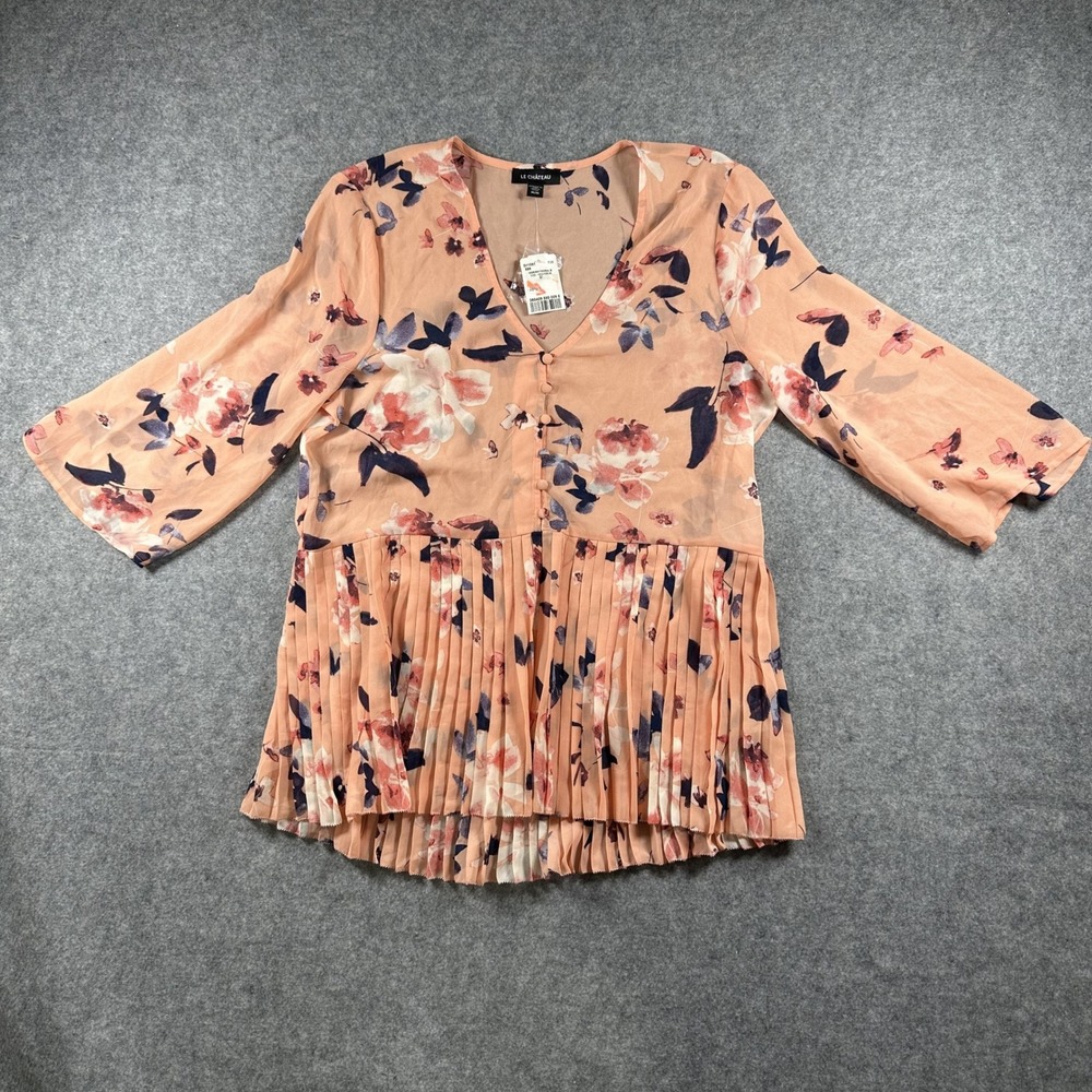 Le Chateau Floral‎ Peplum Blouse Medium Peach Pink Pleated Chiffon V-Neck